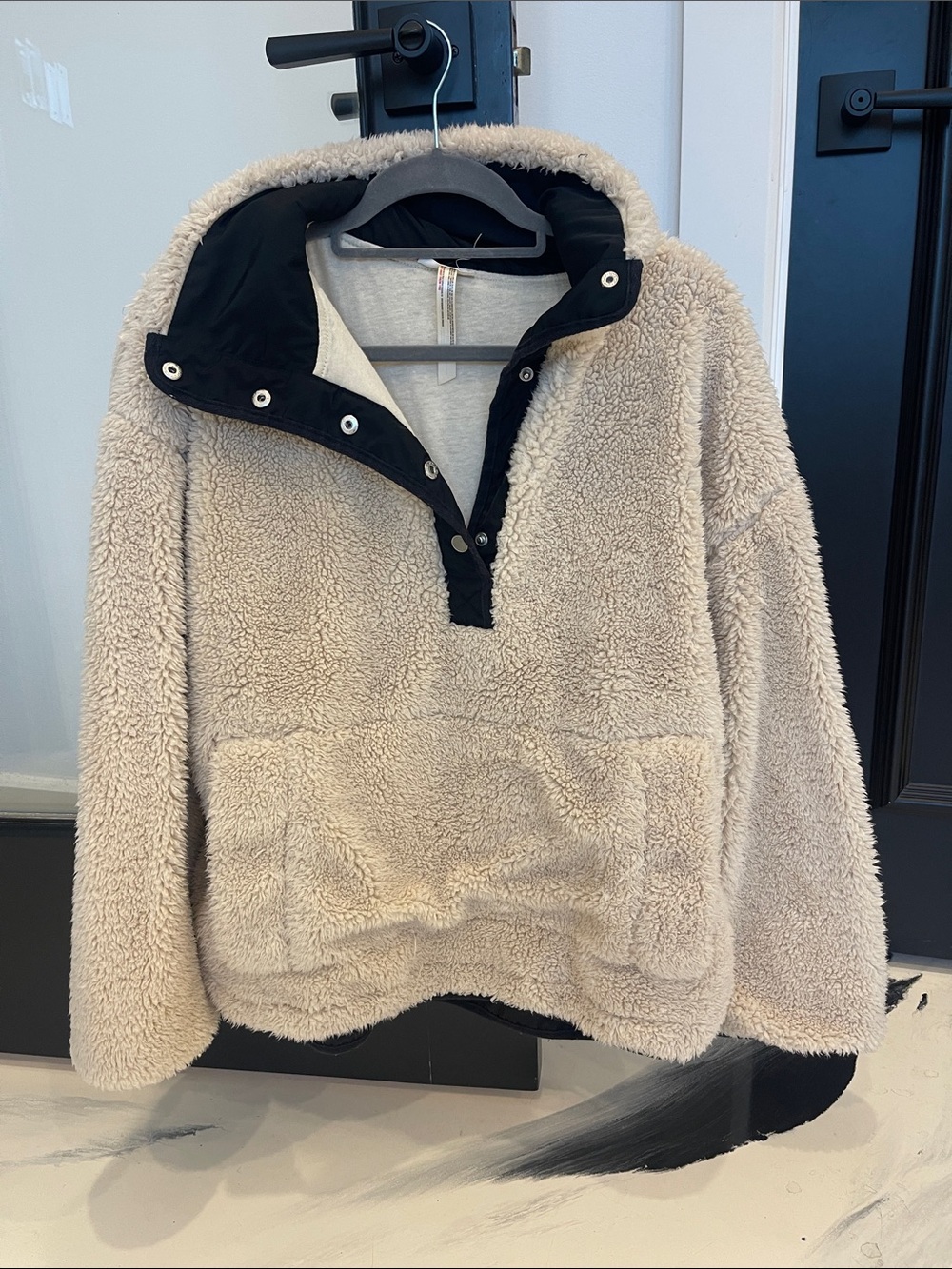 FP Movement by Free People Oversized Cream Teddy Pullover with Black Trim